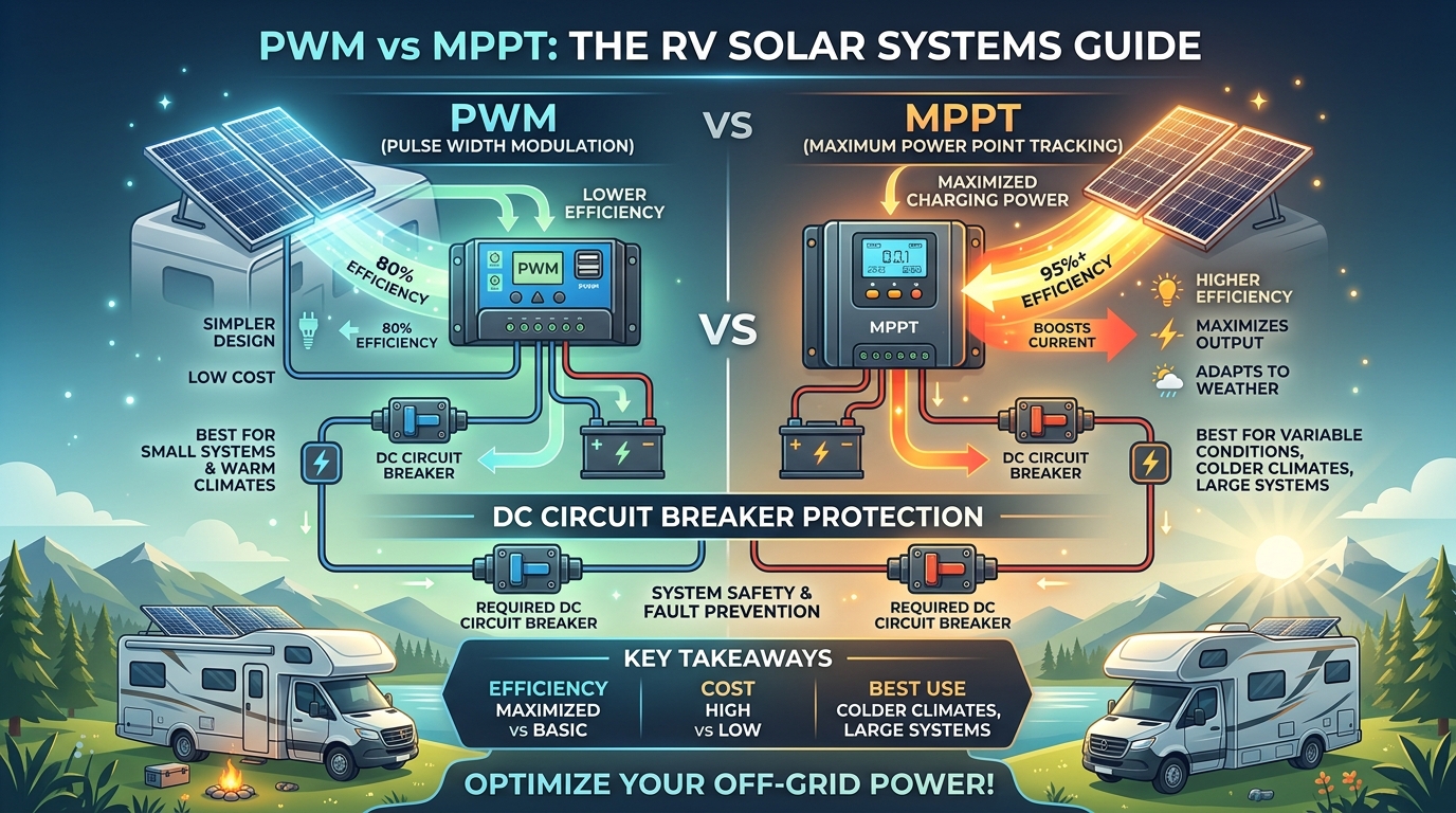 PWM vs MPPT for RV Solar Systems: Efficiency, Battery Charging, and DC Circuit Breaker Safety